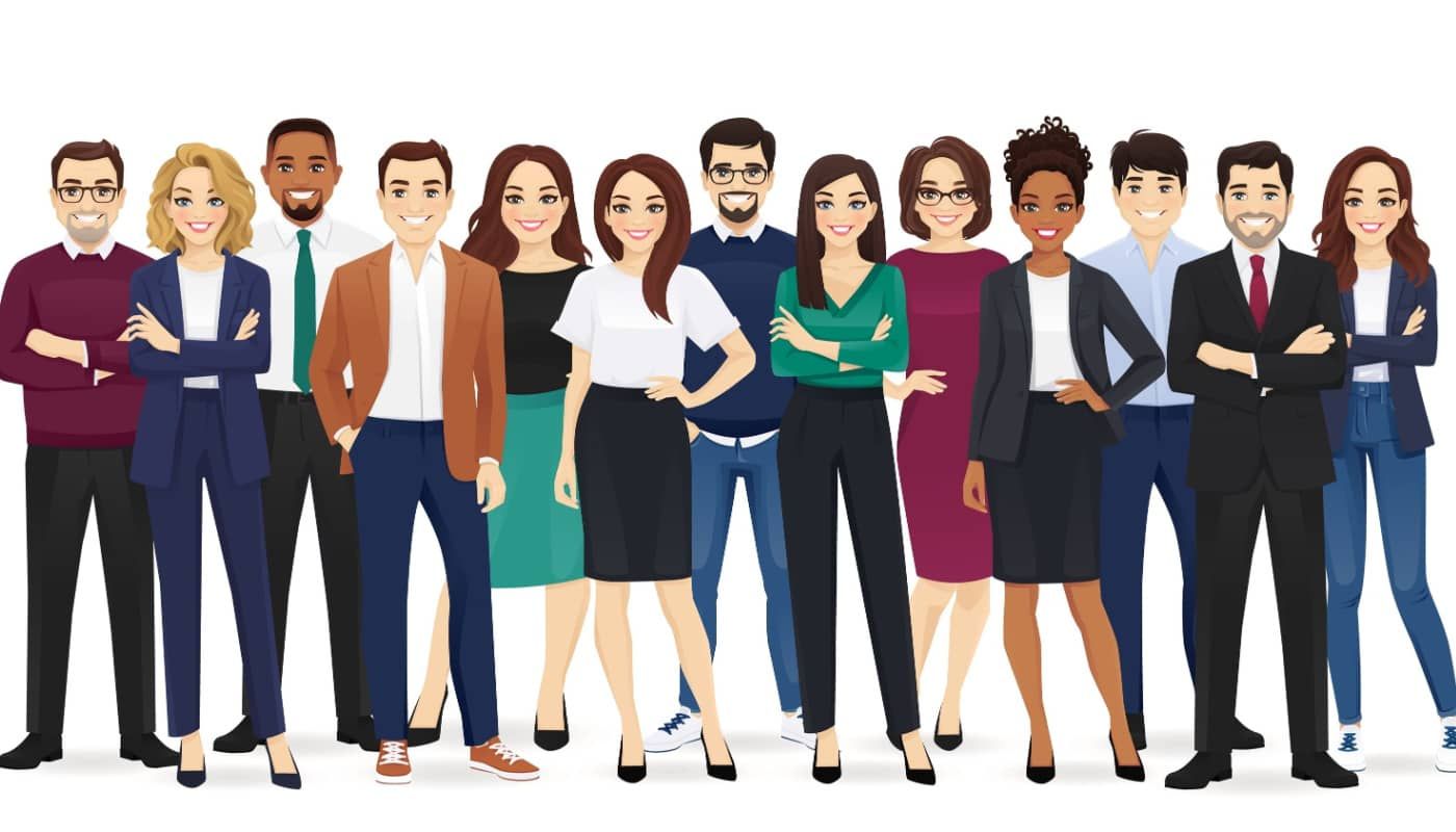 Cartoon illustration of a diverse team of people